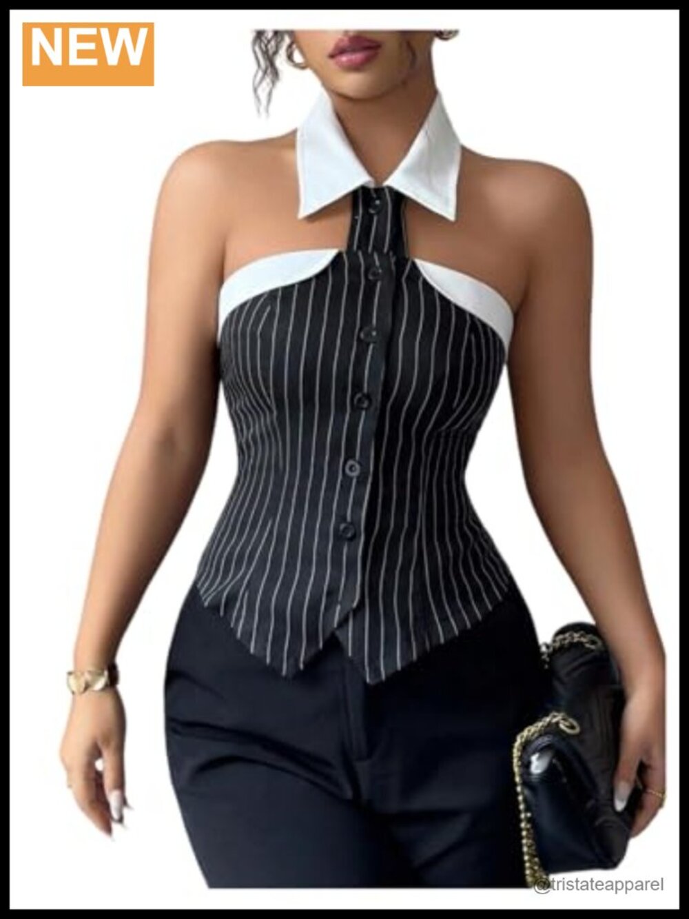 Women's Halter Sleeveless Button Up Tank Top Non-Stretchy Striped Peasant Blouse